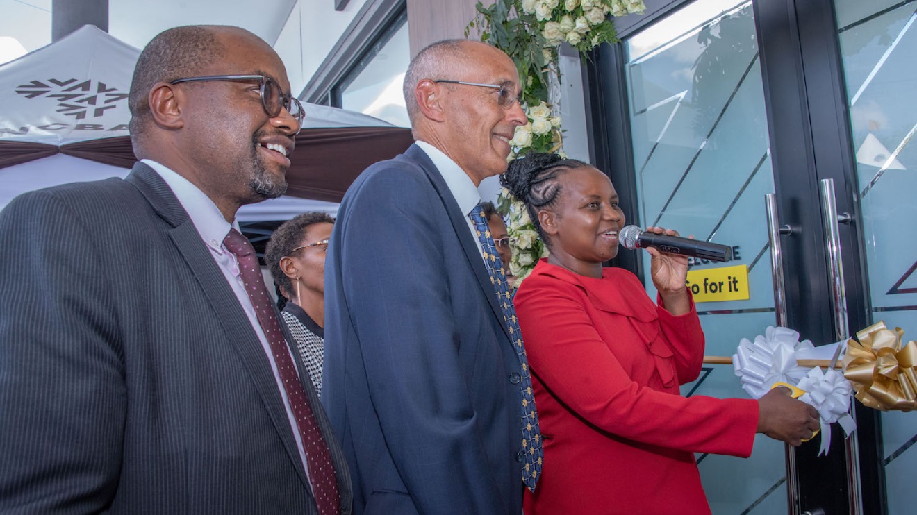 (L – R) NCBA Group Director, Retail Banking Tirus Mwithiga, NCBA Group Chairman James Ndegwa and Makueni Deputy Governor H.E. Hon Lucy Mulili during the official ribbon cutting of the new NCBA Wote branch in Makueni County. PHOTO/COURTESY